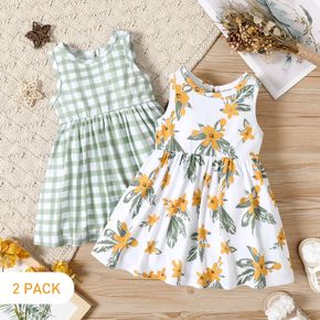 2-Pack Baby Girl Plaid and Floral Print Sleeveless Tank Dresses Set