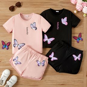 2pcs Kid Girl Butterfly Print Short-sleeve Tee and Elasticized Shorts Set