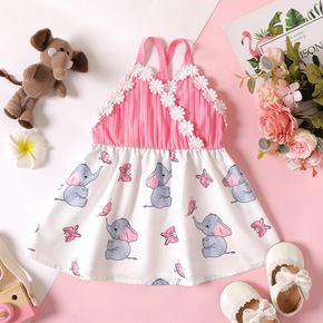 Baby Girl Ribbed Splicing Elephant Print 3D Floral Criss-cross Backless Cami Dress