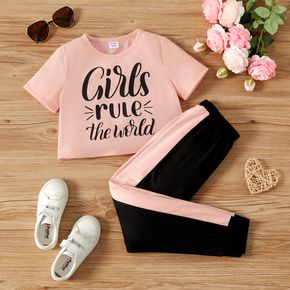 2-teiliges Kinder-Mädchen-Buchstabendruck-Kurzarm-T-Shirt in Rosa und Farbblock-Hosen-Set