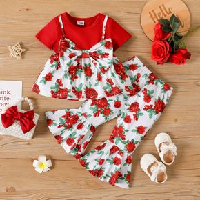 2pcs Baby Girl Faux-two Short-sleeve All Over Red Rose Print Bow Front Top and Flared Pants Set
