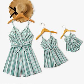 100% Cotton Striped Surplice Neck Belted Cami Romper for Mom and Me