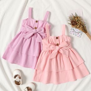 100% Cotton Baby Girl Solid Sleeveless Button Up Belted Layered Dress