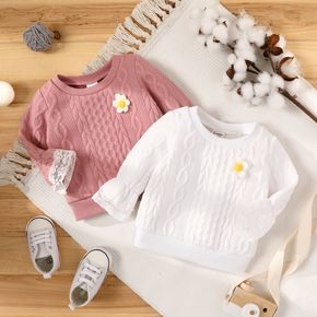 Baby Girl 3D Flower Decor Solid Imitation Knitting Lace Long-sleeve Top