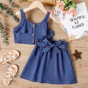 2pcs Kid Girl Ruffle Button Design Denim Camisole and Belted Skirt Set