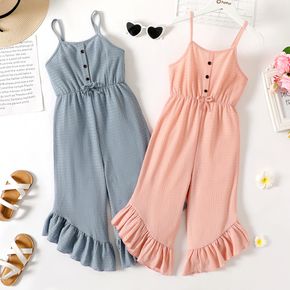 Kid Girl Solid Color Button Bowknot Design Ruffled Irregular Cami Jumpsuits