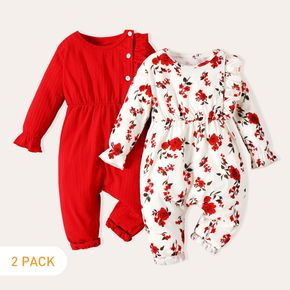 2pcs Baby Girl Solid Ribbed and Floral Print Long-sleeve Ruffle Button Up Jumpsuits Set