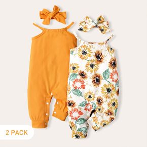 2-Pack Baby Girl Solid and Floral Print Spaghetti Strap Jumpsuits with Headbands Sets