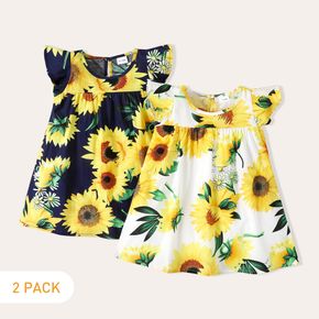 100% Cotton 2pcs Baby Girl All Over Sunflower Floral Print Flutter-sleeve Dresses Set