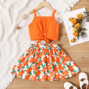 2pcs Toddler Girl Tie Knot Orange Camisole and Floral Print Skirt Set