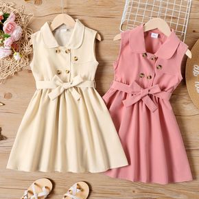 Kid Girl Solid Color Doll Collar Button Design Sleeveless Belted Dress