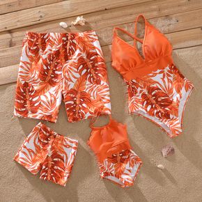 Family Matching Solid Splice Allover Palm Leaf Print Wavy Edge One-Piece Swimsuit and Swim Trunks Shorts
