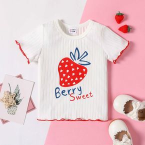 Baby Girl Strawberry and Letter Print Ribbed Lettuce Trim Short-sleeve Top