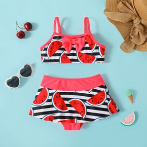 3pcs Toddler Girl Stripe Watermelon Print Top and Short-sleeve and Briefs Swimsuit Set