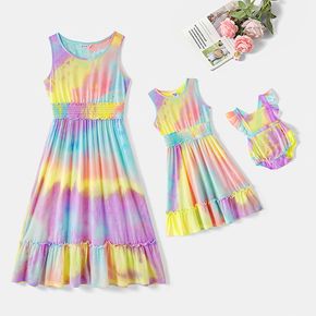 Colorful Tie Dye Round Neck Sleeveless Tank Dress for Mom and Me