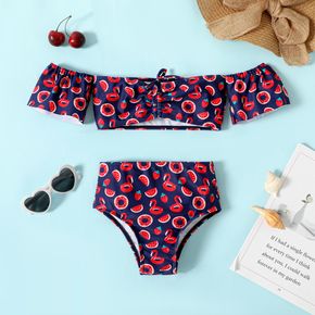 2pcs Toddler Girl Fruit Print Off Shoulder Tee and Briefs Swimsuit Set