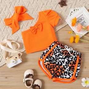 3pcs Baby Girl Orange Ribbed One Shoulder Puff-sleeve Top and Leopard Shorts with Headband Set