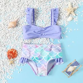 2pcs Baby Girl  Purple Ruffle Trim Mermaid Bikini Set Swimwear