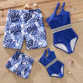 Family Matching Solid One Shoulder Cut Out One-Piece Swimsuit and Allover Palm Leaf Print Swim Trunks Shorts