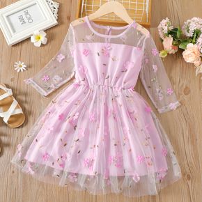 Kid Girl Floral Embroidered Mesh Design Long-sleeve Pink Party Dress