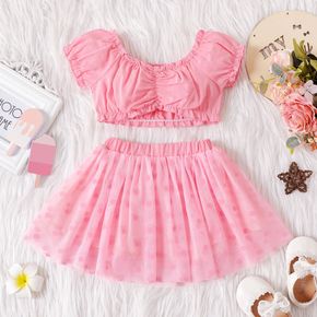 2pcs Baby Girl 100% Cotton Puff-sleeve Ruched Bust Crop Top and Mesh Skirt Set