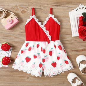 Baby Girl 100% Cotton Solid Splice All Over Strawberry Print Lace Cami Romper