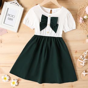 Kid Girl Bowknot Button Design Colorblock Short-sleeve Dress