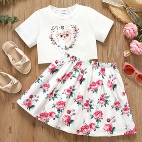 2pcs Kid Floral Cat Print Short-sleeve Crop Tee and Elasticized Skirt Set