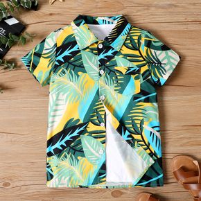 Kid Boy Floral Leaf Print Lapel Collar Button Design Short-sleeve Shirt