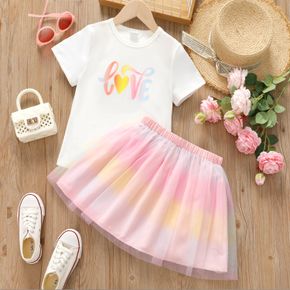 2pcs Kid Girl Heart Print Short-sleeve White Tee and Gradient Color Mesh Skirt Set
