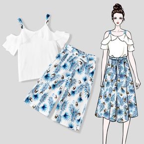 2pcs Kid Girl Flounce Cold Shoulder Short-sleeve White Blousr and Floral Leaf Print Capri Pants set