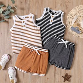 2pcs Toddler Boy Striped Sleeveless Tank Top and Solid Shorts Grey or Brown Set