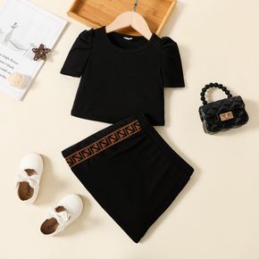 2pcs Toddler Girl Ribbed Puff-sleeve Black Tee and Elasticized Webbing Design Skirt Set