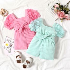 Baby Girl Pink Beaded Floral Applique Puff-sleeve Ribbed Belted Romper