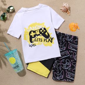 2pcs Kid Boy Letter Game Console Print Short-sleeve Tee and Shorts Swimsuit Set