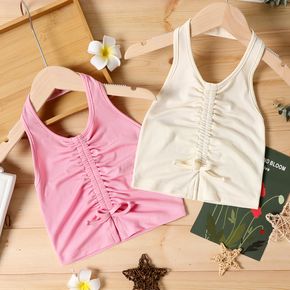 Kid Girl Solid Color Ruched Bowknot Design Backless Halter Camisole