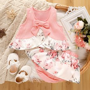 2pcs Baby Girl 100% Cotton Solid Splice Floral Print Ruffle Trim Bow Front Tank Top and Shorts Set