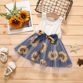Baby Girl 3D Floral Appliques Detail Solid and Sunflower Print Splice Bow Front Mesh Tank Dress