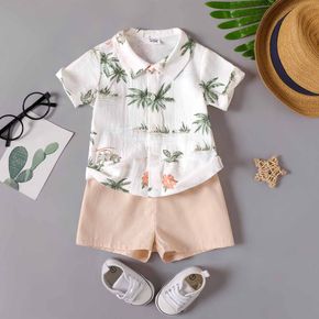 100% Cotton 2pcs Baby Boy Allover Coconut Tree Print Short-sleeve Button Up Shirt and Solid Shots Set