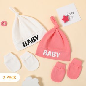 2-pack Baby Letter Print Top Knot Hat and Anti-scratch Glove Set