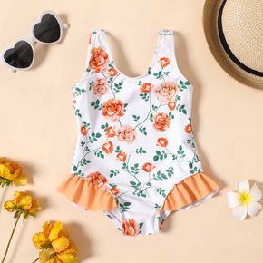 Baby Girl All Over Floral Print Splice Ruffle Trim One-Piece Swimsuit