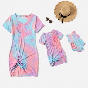 Family Matching Tie Dye V Neck Twist Knot Short-sleeve Bodycon T-shirt Dress for Mom and Me