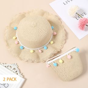 2-pack Kids Colorful Ball Decor Straw Hat and Straw Bag Set