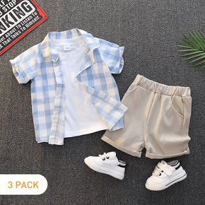 3pcs Toddler Boy Casual White Tee, Plaid Shirt and Elasticized Shorts Set