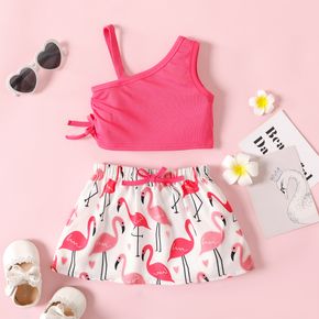 2pcs Baby Girl Solid Ribbed One Shoulder Strap Ruched Crop Top and Allover Flamingo Print Skirt Set