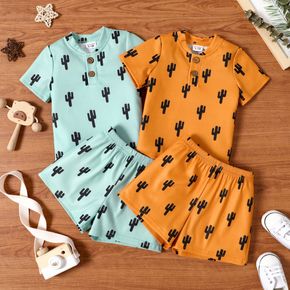2pcs Baby Boy All Over Cactus Print Ribbed Short-sleeve Button Up Top and Shorts Set