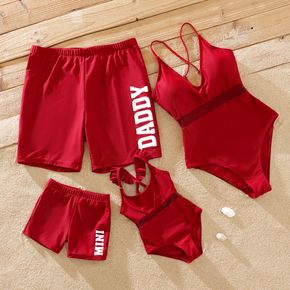 Family Matching Solid Spaghetti Strap One-Piece Swimsuit and Letter Print Swim Trunks Shorts