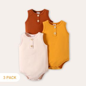 3-Pack Baby Boy/Girl 95% Cotton Button Front Solid Tank Rompers Set
