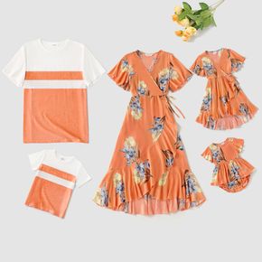 Famille assortie imprimé floral corail col en V robes portefeuille à manches volantées et ensembles de t-shirts en coton à manches courtes colorblock