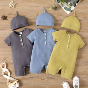 2pcs Baby Boy Solid Waffle Short-sleeve Button Front Romper with Hat Set